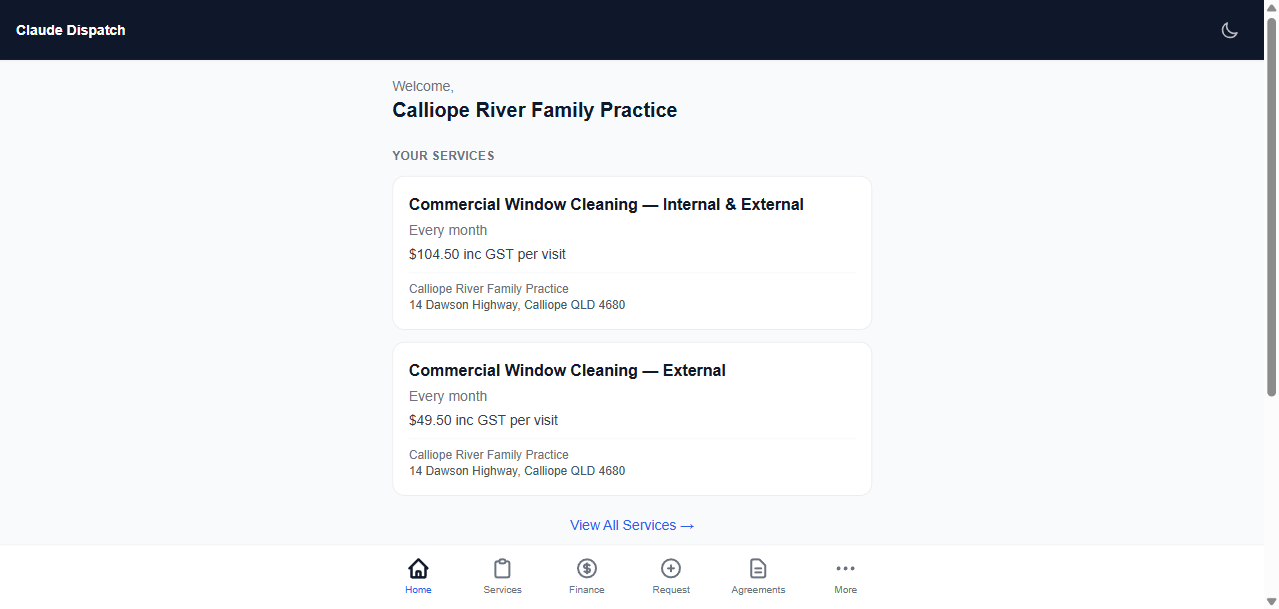 Client portal — services, agreements, and self-service actions