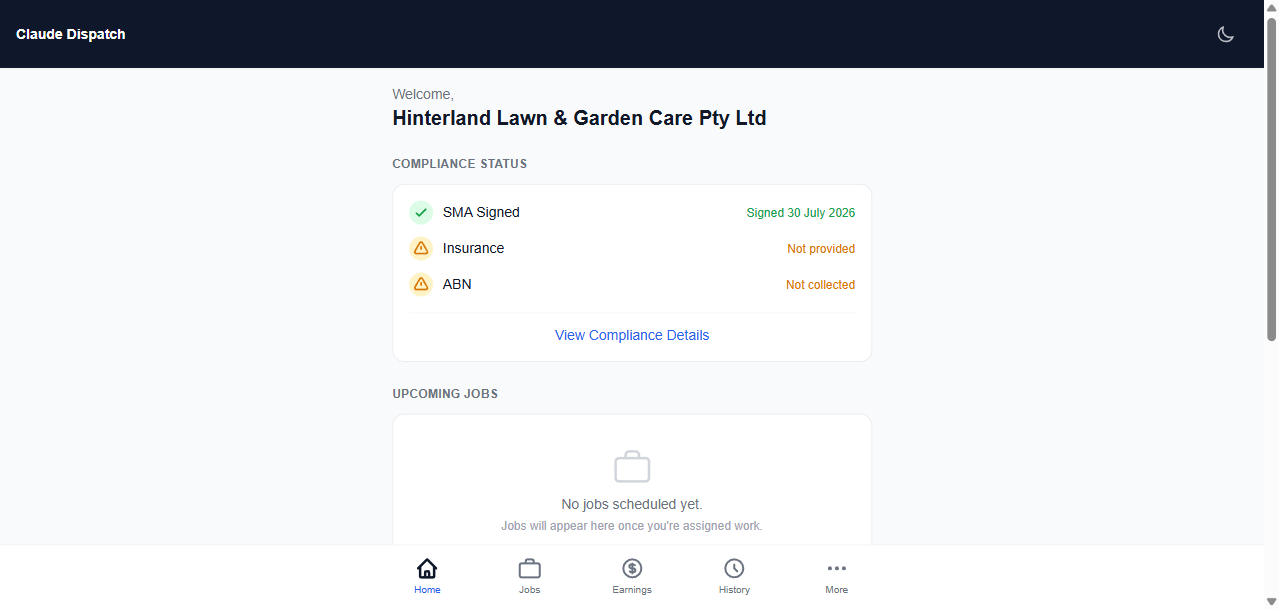 Contractor portal — compliance status, upcoming jobs, earnings